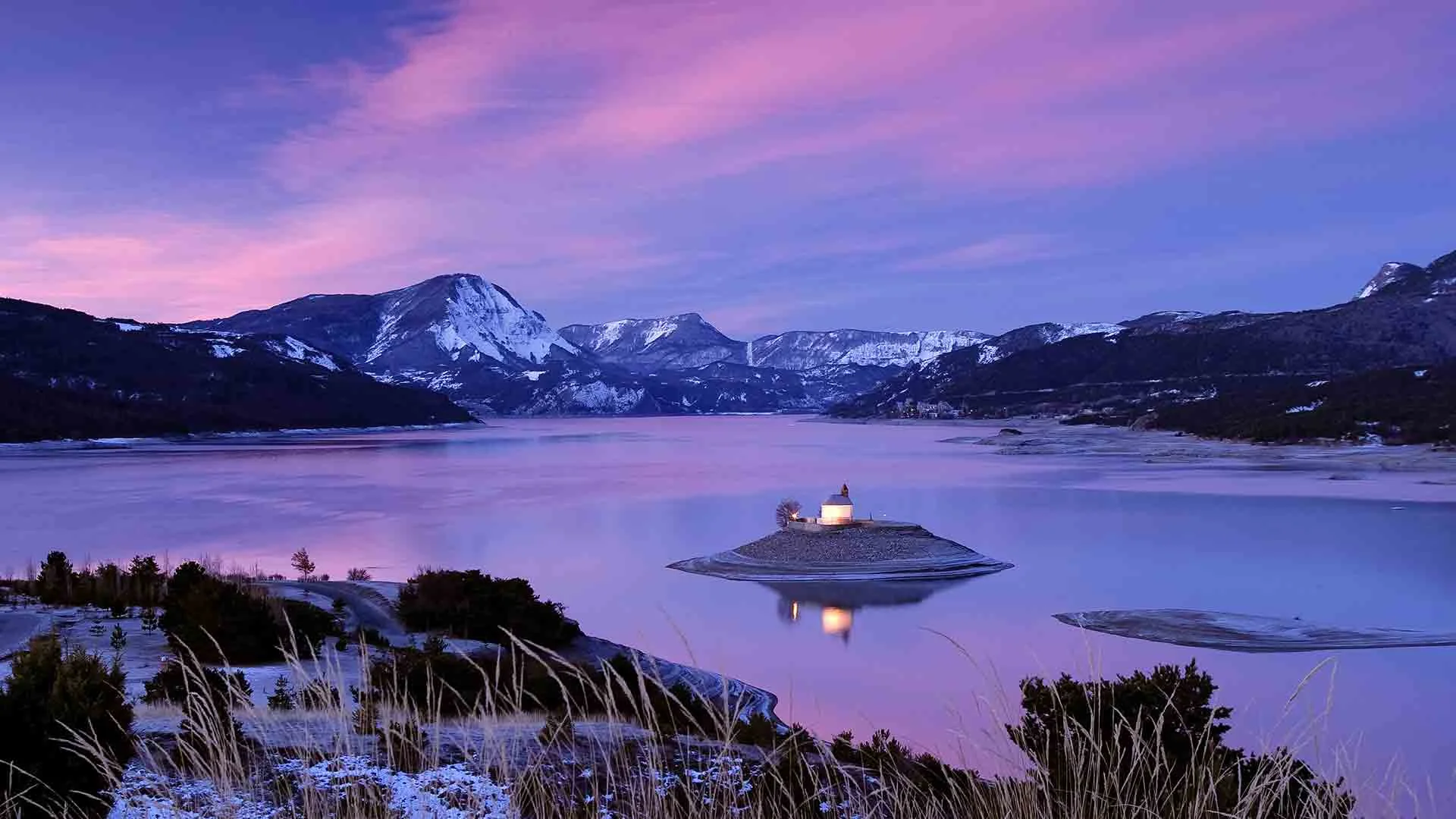 Chapel of St. Michel on Lake Serre-Ponçon, Hautes-Alpes, France