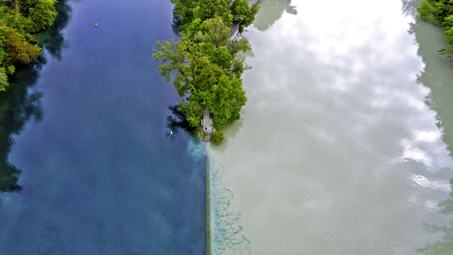 The Arve River (right) flowing into the Rhône in Geneva, Switzerland
