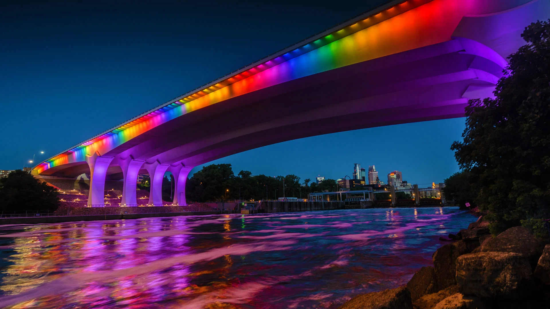 I-35W Bridge over the Mississippi with rainbow colors on Pride weekend, Minneapolis