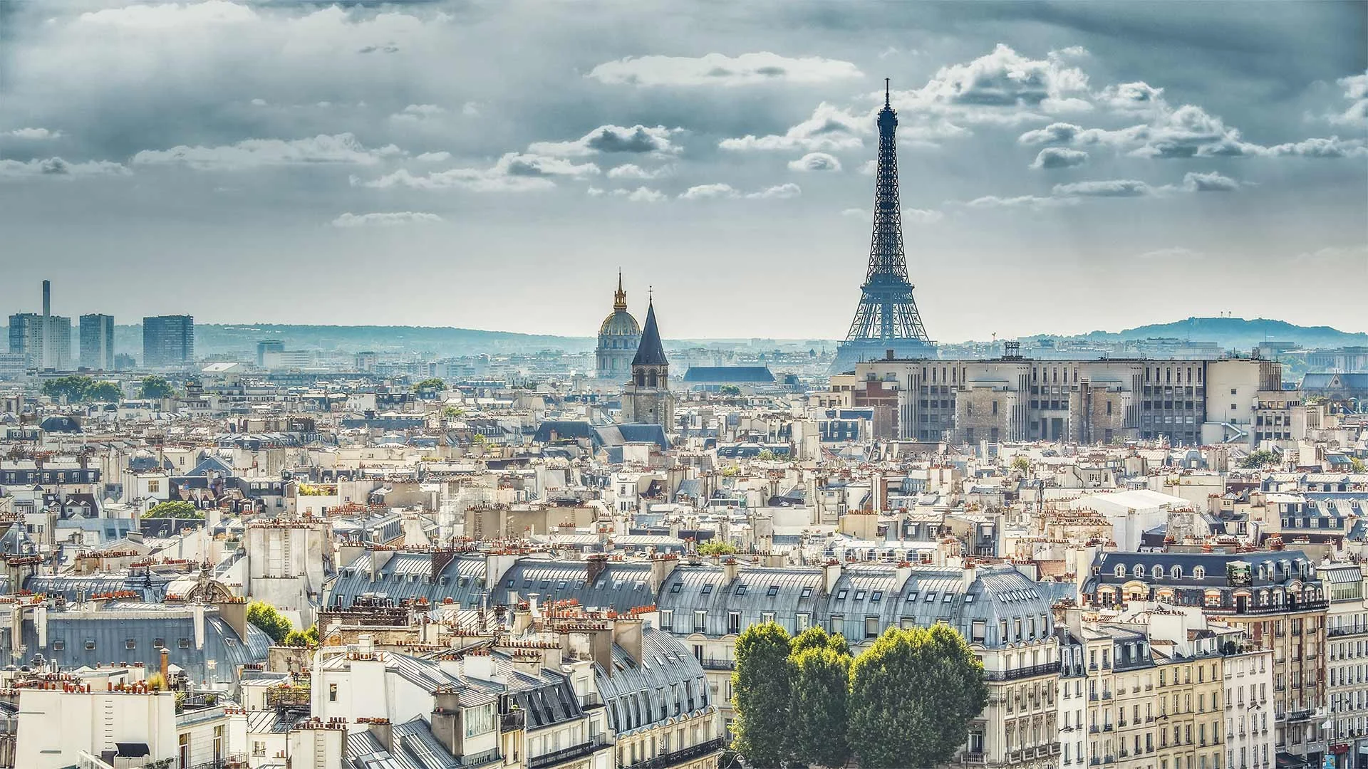 View of Paris, France, with the Eiffel Tower, taken from Notre-Dame Cathedral