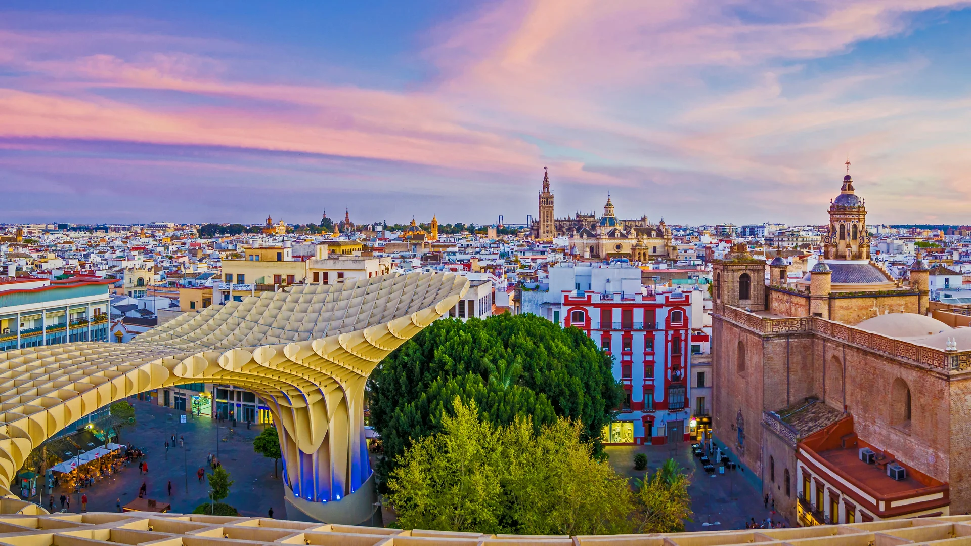 View of the city from the Setas de Sevilla (Metropol Parasol) in Seville, Spain