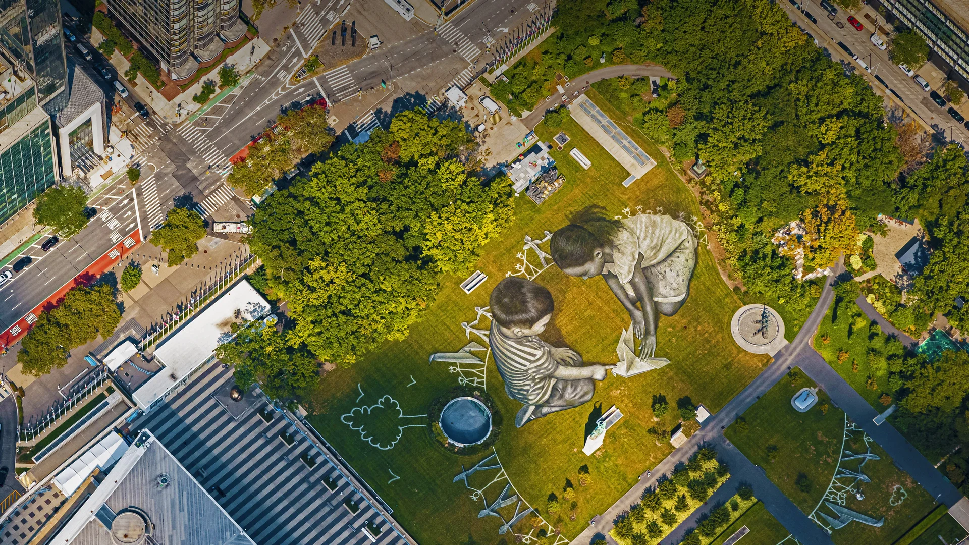 'World in Progress II,' a land art painting by Saype, United Nations Headquarters, New York City