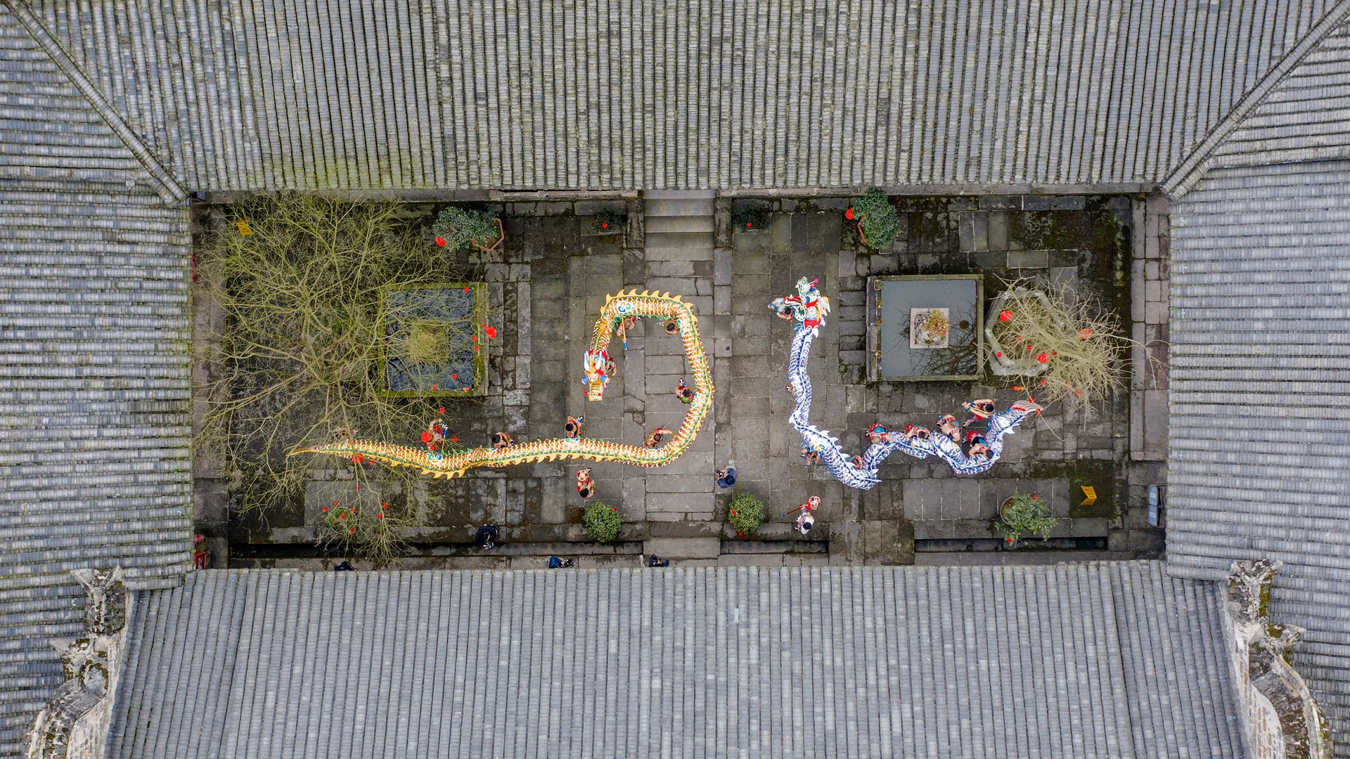 Artists performing the dragon dance for Chinese New Year, Luzhou, China