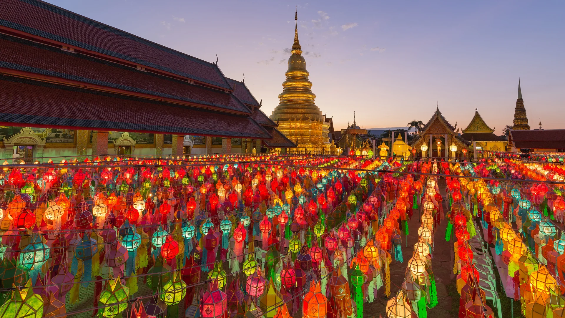Colorful lanterns at the temple of Wat Phra That Hariphunchai, Lamphun, Thailand