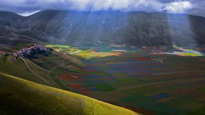 The village of Castelluccio above the Piano Grande, Umbria, Italy