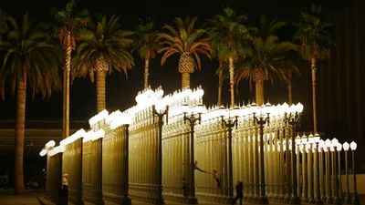 At the Wilshire Boulevard entrance to the Los Angeles County Museum of Art, Los Angeles, California