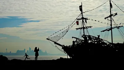 Driftwood ship on New Brighton Beach near Wallasey, England, for Talk Like a Pirate Day