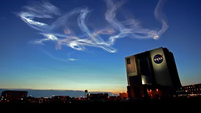 Contrails from a 2007 Atlantis shuttle liftoff at the Kennedy Space Center in Florida