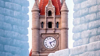 Landmark Center clock tower and Winter Carnival Ice Palace, St. Paul, Minnesota