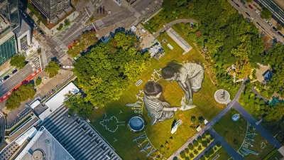 'World in Progress II,' a land art painting by Saype, United Nations Headquarters, New York City