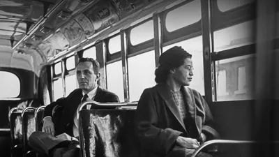 Rosa Parks sits in the front of a bus in Montgomery, Alabama, Dec 21, 1956