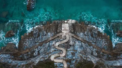 Stairs on the shoreline at Mylopotamos Beach, Thessaly, Greece